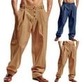 thumbnail image 1 of DODADAWANJ Mens Cotton Linen Pants Lightweight Summer Beach Pant Big and Tall Drawstring Elastic Waisted Baggy Trousers with Pockets Navy S, 1 of 8