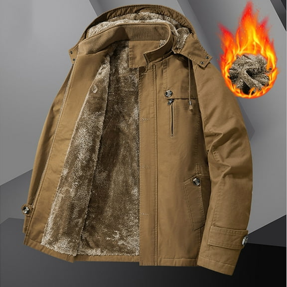 DODADAWANJ Mens Fleece Lined Jacket with Detachable Hood Thermal Coats Big and Tall Windproof Outwear Coat Winter Outdoor Hiking Warm Jackets L