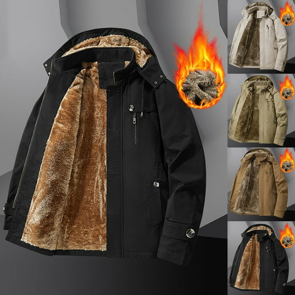 DODADAWANJ Mens Fleece Lined Jacket with Detachable Hood Thermal Coats Big and Tall Windproof Outwear Coat Winter Outdoor Hiking Warm Jackets XXL