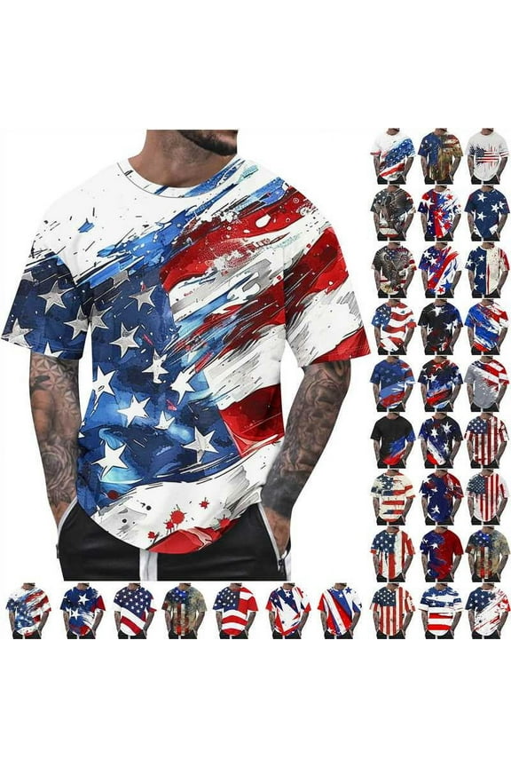 Mens 4th of July T Shirt Big and Tall Mens T Shirts Casual Short Sleeve Patriotic Tees Loose Round Neck Independence Day Tshirt XXXXXL