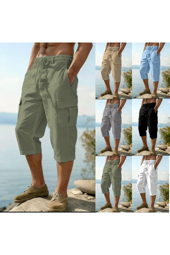 Mens Long Cargo Shorts Below Knee Cotton Linen Capris Big and Tall Multi Pockets 3/4 Pants Casual Outdoor Hiking Capri Pants Black M