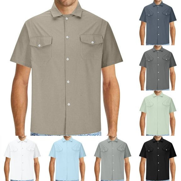 DODADAWANJ Mens Long Sleeve Button Down Shirts Solid Casual Plus Size Loose Big and Tall Shirts Pocket Lapel Collar Work Shirt Regular Fit Business Dress Tops