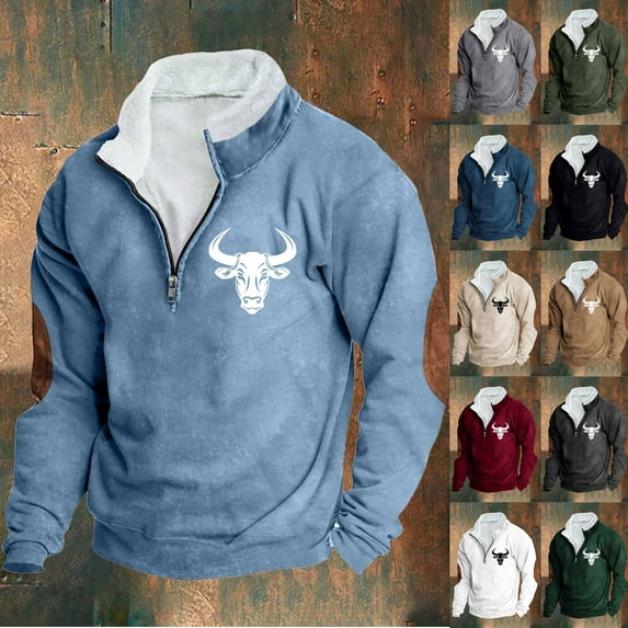 DODADAWANJ Mens Quarter Zip Sweatshirt Bull Graphic Stand Collar Sweatshirts Big and Tall Elbow Padded Pullover for Resort Vacation Camping Green M