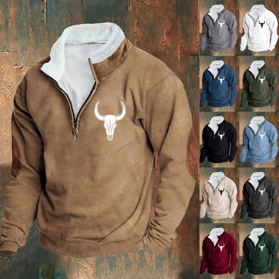 DODADAWANJ Mens Stand Collar Sweatshirts Bull Graphic Quarter Zip Pullover Big and Tall Long Sleeve Sweatshirt for Outdoor Daily Travel Wine S
