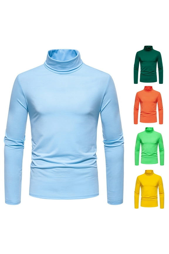 Mens Turtleneck Long Sleeve Shirts Fall Winter Solid Color Shirt Stretch Slim Fit Tops Orange XL