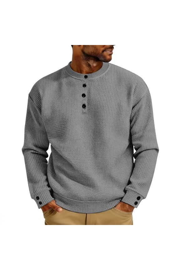 Mens Waffle Henley Long Sleeve Shirts Casual Fall Spring Shirt Big and Tall Solid Color Round Neck Tops Gray XXXL