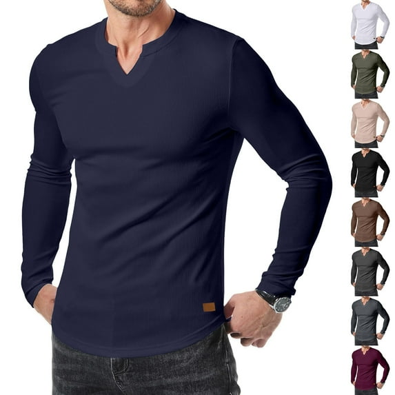 DODADAWANJ Muscle Shirts for Men Casual Ribbed Knit Notch V Neck Shirt Long Sleeve Casual Fall T Shirts Solid Color Big and Tall Tops Army Green L