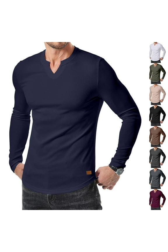 Muscle Shirts for Men Casual Ribbed Knit Notch V Neck Shirt Long Sleeve Casual Fall T Shirts Solid Color Big and Tall Tops Black XL