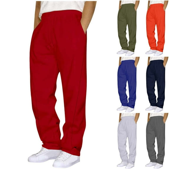 DODADAWANJ Open Bottom Sweatpants for Men Casual Elastic Waisted Baggy Sweatpant Solid Color Straight Trousers with Pockets Red L