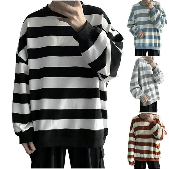 DODADAWANJ Oversized T Shirts Men Graphic Tee Fashion Striped Long Sleeve Shirts Drop Shoulder Round Neck Sweatshirts Fall Going Out Tops Black XL