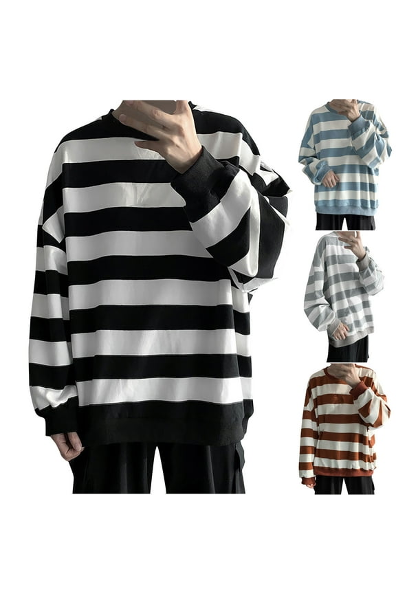 Oversized T Shirts Men Graphic Tee Fashion Striped Long Sleeve Shirts Drop Shoulder Round Neck Sweatshirts Fall Going Out Tops Blue L