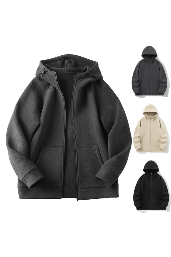 Polar Fleece Jacket for Men Oversized Zip Up Soft Jackets Big and Tall Solid Color Warm Coats Fall Sportswear Coat with Hood Khaki M