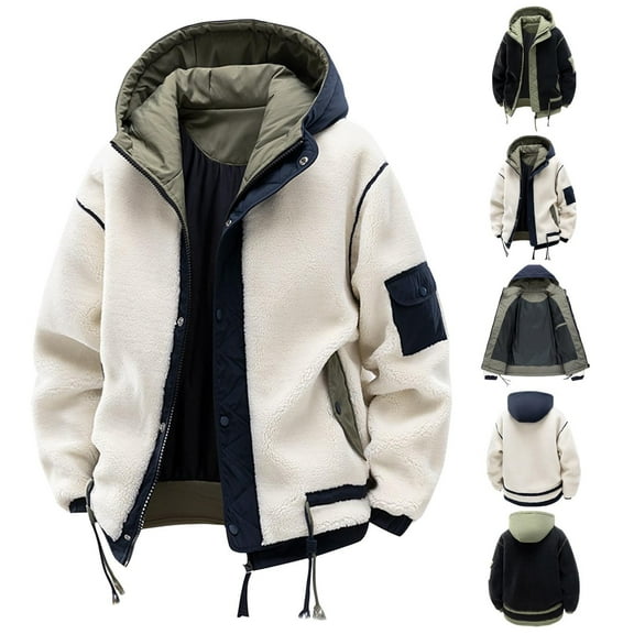 DODADAWANJ Polar Fleece Jacket for Men with Hood Thick Thermal Jackets Big and Tall Snap Full Zip Coat Fashion Winter Warm Hoodie Beige XXXL