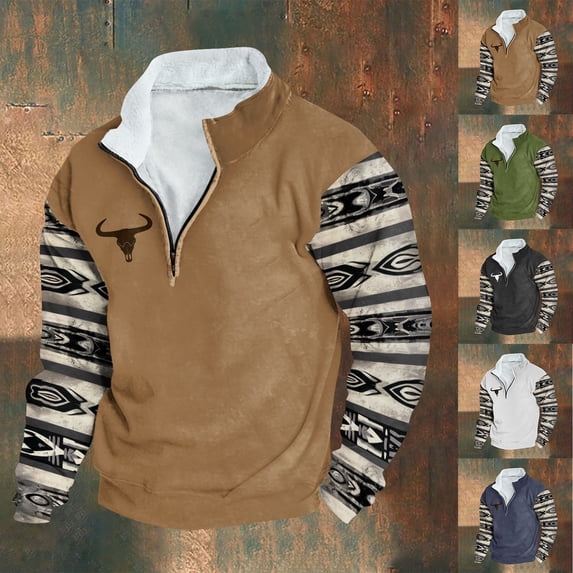 DODADAWANJ Quarter Zip Pullover Men Aztec Graphic Long Sleeve Sweatshirt Big and Tall Fall Casual Sweatshirts Stand Collar Streetwear Navy XXL