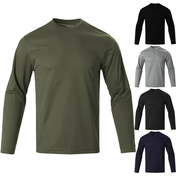 DODADAWANJ Quick Dry Shirt Men Long Sleeve Workout T Shirts Loose Fit Crew Neck Shirts Solid Color Classic Tees Army Green XXXL