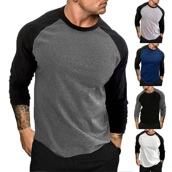 DODADAWANJ Raglan Shirts for Men Long Sleeve Workout Shirt Casual Loose Crew Neck T Shirts Color Block Graphic Tees Black XXL