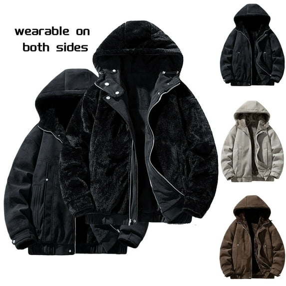 DODADAWANJ Reversible Jacket for Men Fleece Lined Thickened Coats Zip Up Solid Color Warm Jackets Big and Tall Winter Hoodie Coffee XXXL