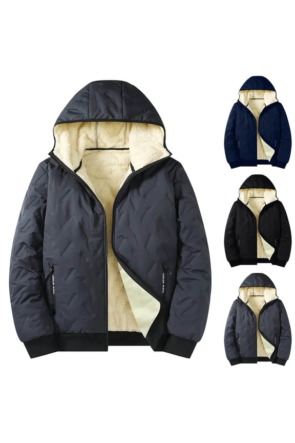 Sherpa Lined Jacket for Men Full Zip Warm Hooded Jackets Big and Tall Thermal Fall Winter Coats with Zipper Pocket Black XXXL