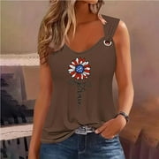 DODADAWANJ Stars and Stripes Sunflower Graphic Tank Top for Women Summer Casual Sleeveless Shirt Lightweight U-neck Tops Loose-fit O-ring Strap Tank Top July 4th Patriotic Tees
