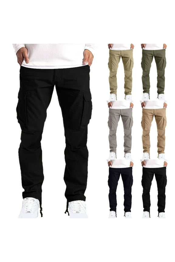 Straight Fit Cargo Pants for Men Cotton with Multi Pockets Zipper Fly Elastic Waist Sport Pants Lightweight Breathable Adjusting Bottom Jogging Pants for Outdoor Travel Running