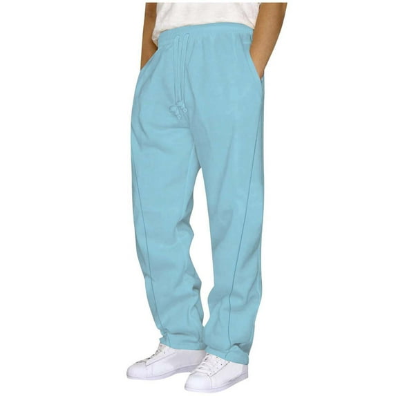 DODADAWANJ Straight Sweatpants Men Loose Fit Open Bottom Sweatpant Solid Color Elastic Waisted Workout Trousers with Pockets Light Blue M