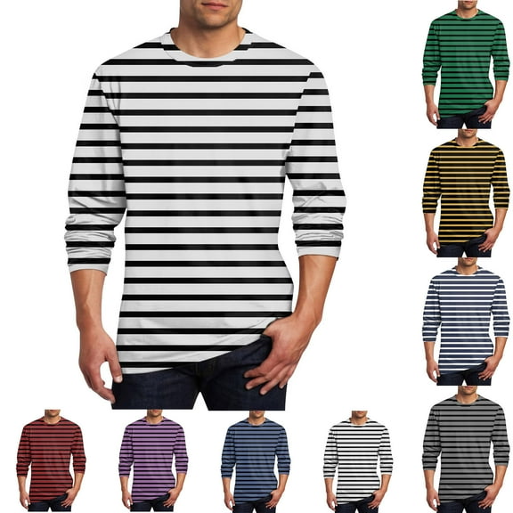 DODADAWANJ Striped Shirt Men Casual Long Sleeve T Shirts Big and Tall Round Neck Fall Shirt Solid Color Classic Tops for Men Green M