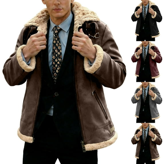 DODADAWANJ Suede Jacket for Men Sherpa Lined Zip Up Thermal Jackets Big and Tall Vintage Coats with Zipper Pocket Casual Coat Red M