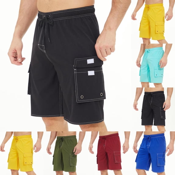DODADAWANJ Swim Trunks Men with Multi Pocket Quick Dry Board Shorts with Liner for Summer Beach Vacation Solid Drawstring Bathing Suit Red L