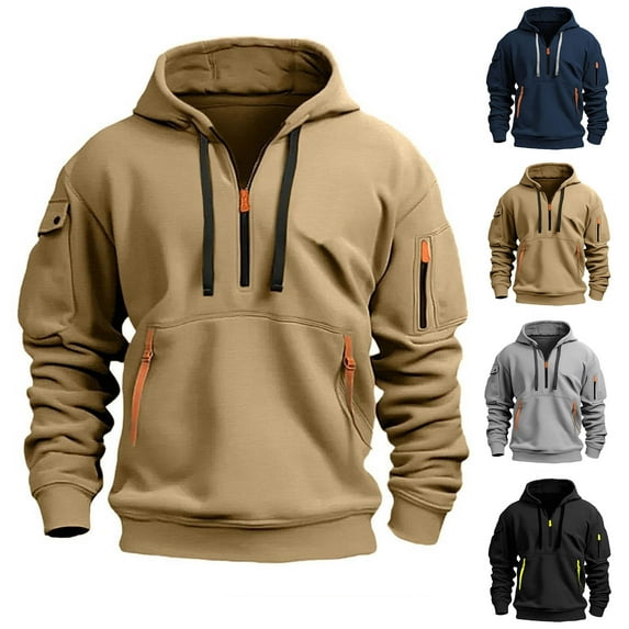 DODADAWANJ Tactical Hoodies for Men Quarter Zip Up Pullover Tops Big and Tall Long Sleeve Military Hooded Sweatshirts with Multipel Pockets Black S