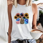 DODADAWANJ USA Flag Sunflower Graphic Tank Top for Women Fashion Casual Crew Neck T-Shirt Loose-fit Sleeveless Tee Tops 4th of July Patriotic Tees