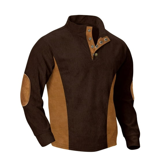 DODADAWANJ Vintage Corduroy Sweatshirts Casual Button Up Stand Collar Pullovers Color Block Long Sleeve Shirts Ribbed Fall Spring Tops with Elbow Padded Coffee S