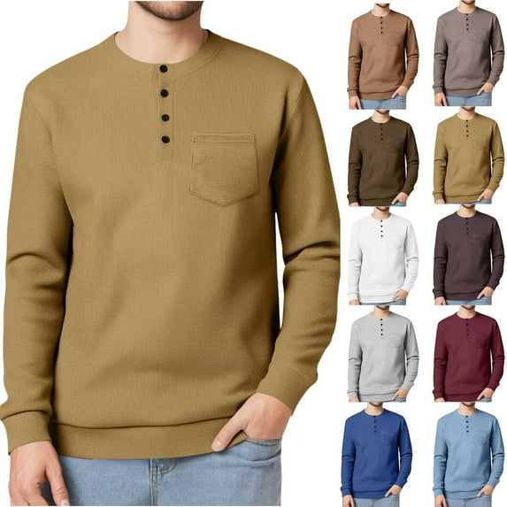 DODADAWANJ Waffle Knit Shirts for Men Loose Fit Button Up Crewneck Tops Casual Long Sleeve Fall Shirt Solid Color Classic T Shirts Beige M