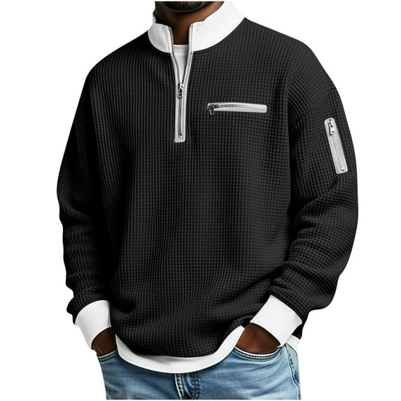 DODADAWANJ Waffle Shirts for Men Trendy Zip Up Stand Collar Shirt Casual Long Sleeve Tops with Zip Pockets Color Block Print T Shirts Black XXL