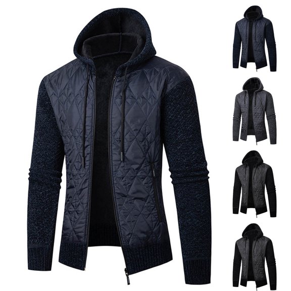 DODADAWANJ Warm Jacket for Men Fleece Quilted Zip Up Winter Jackets Big and Tall Fashion Travel Hoodie Drawstring Windproof Cycling Coat Black M