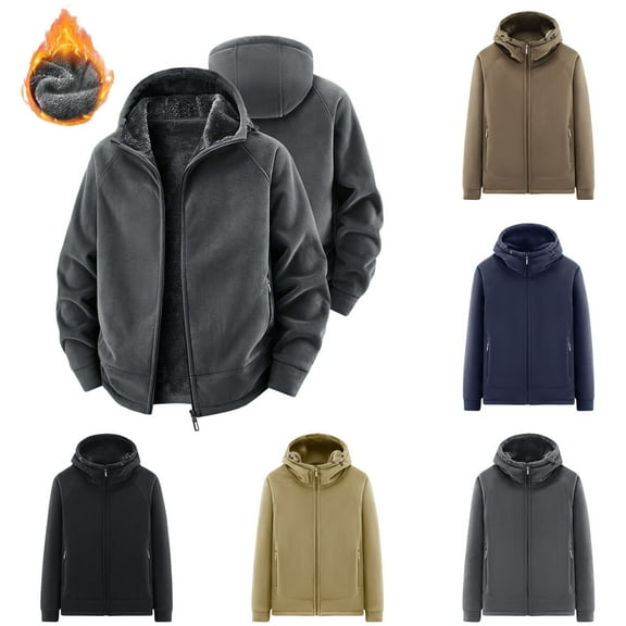 DODADAWANJ Windproof Jacket for Men Fleece Lined Thermal Jackets Full Zip with Hood Winter Coats Outdoor Climbing Hoodie Brown S