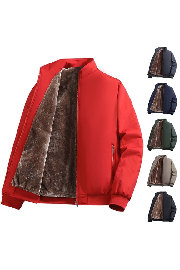 Winter Jacket for Men Fleece Lined Thickened Warm Jackets Big and Tall Stand Collar Winter Coat Full Zip Windproof Coats Red XXXXXL