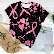 DODADAWANJ Women's Breast Cancer Awareness Tshirts Plus Size Round Neck Tshirt Loose Fit Short Sleeve Tops Pink Ribbon Love Graphic Tees