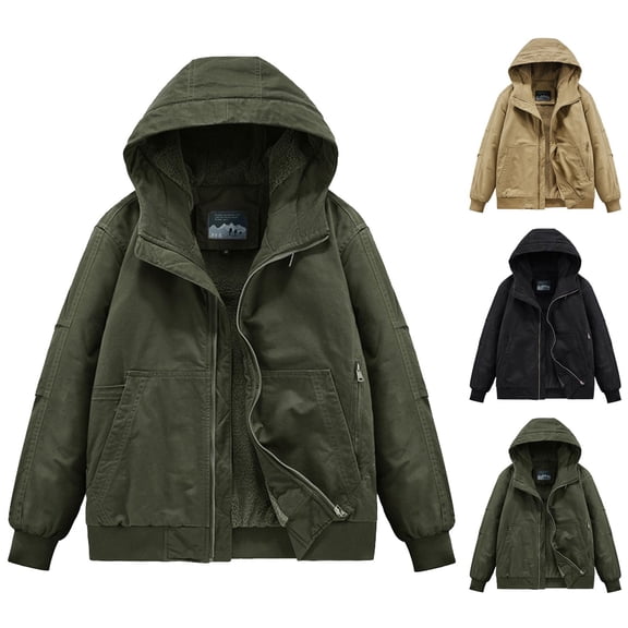 DODADAWANJ Work Jacket for Men Fleece Lined Warm Jackets Big and Tall Solid Color Windproof Coats Zip Up Fall Winter Hiking Outdoor Hoodies Army Green XXXL