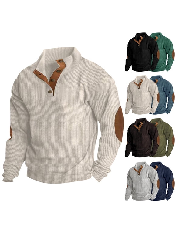 Workout Pullover Tops for Men Big and Tall Button Up Lapel Pullovers Loose Fit Long Sleeve Shirts with Elbow Patched Beige L