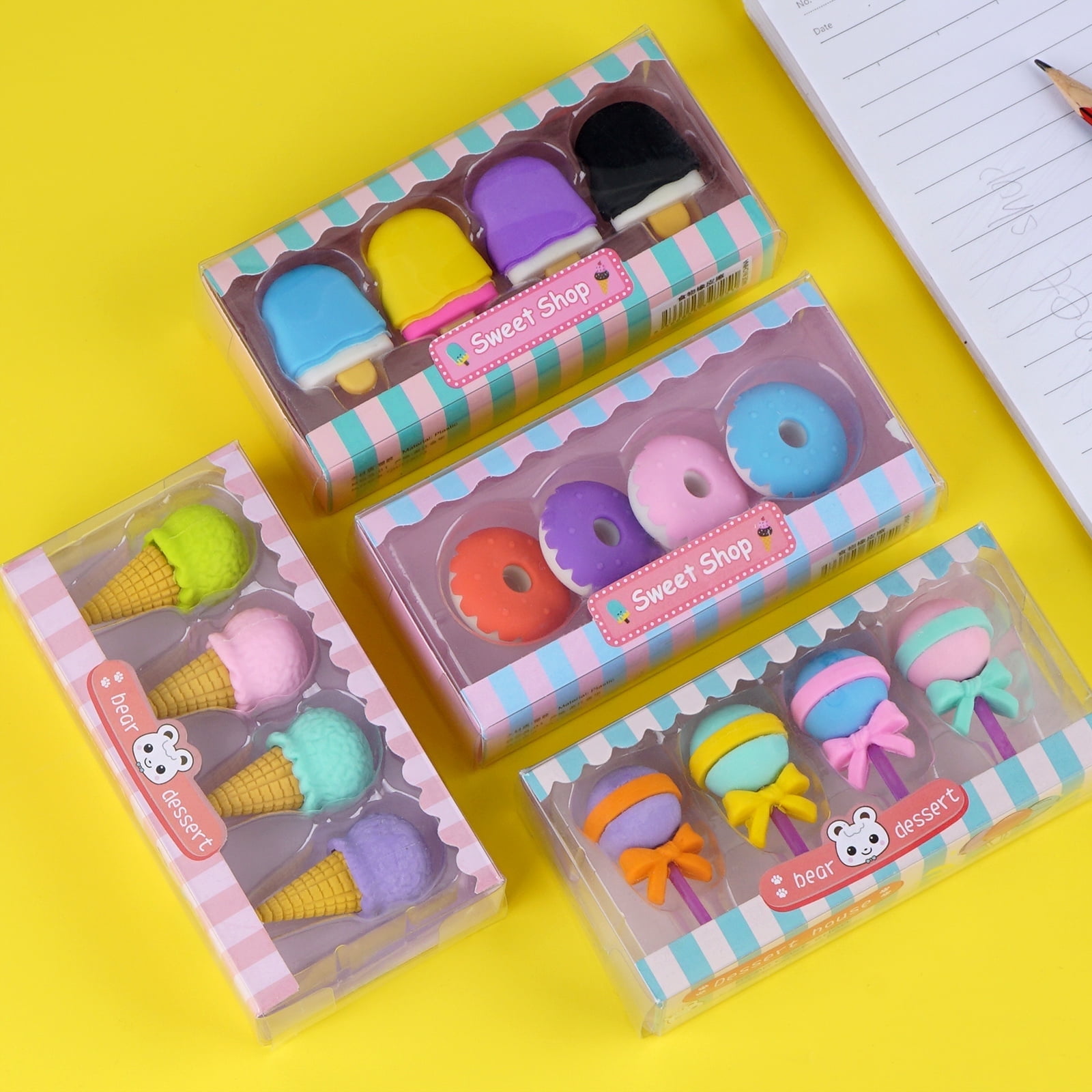 DODAMOUR 16 Pack Mini Food Shape Erasers, Cute Puzzle Ice Cream Donut Pencil Erasers, Desk Pet Erasers for Fun Games Prizes Reward Party Favors