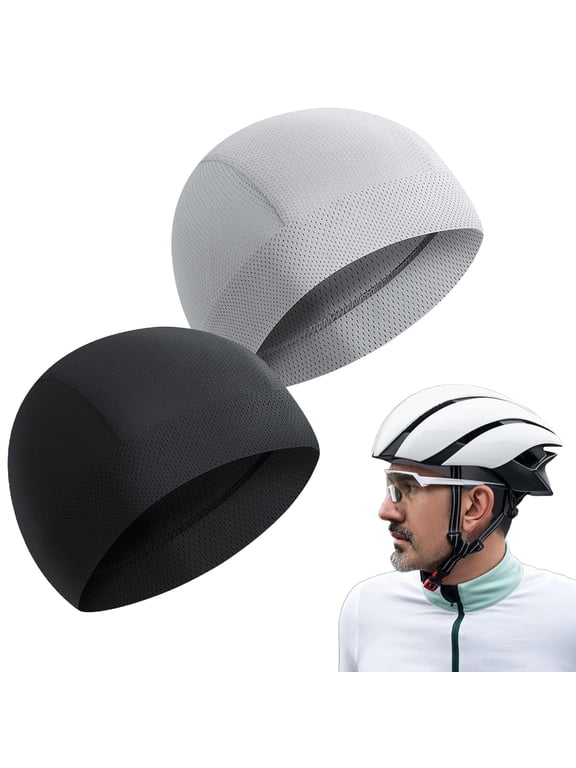 2 Pack Cooling Skull Cap for Men, Breathble Cooling Mesh Cycling Running Hat, Skull Cap Helmet Liner Beanie (Black, Grey)