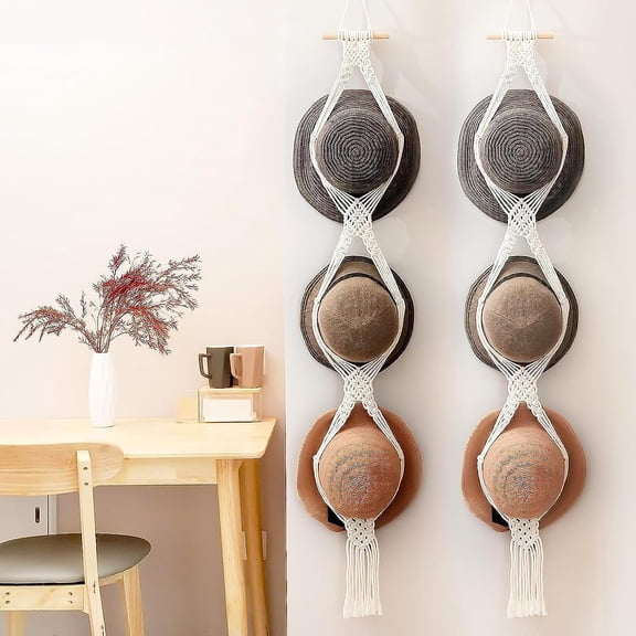 DODAMOUR Boho Cotton Wall-Mounted Macrame Hat Rack, Decorative Hanging Organizer for Wide Brim Hats, 2 Pack