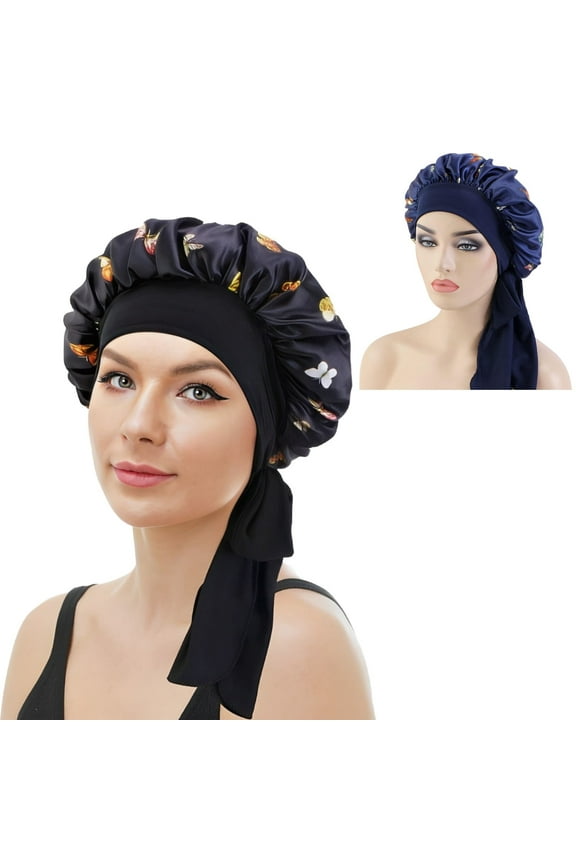 2 Pack Satin Bonnet for Women, Adjustable Sleep Bonnet with Tie Band, Cute Printed Butterfly Bonnet Night Sleep Caps Hair Sleeping Cap (Black, Navy Blue)