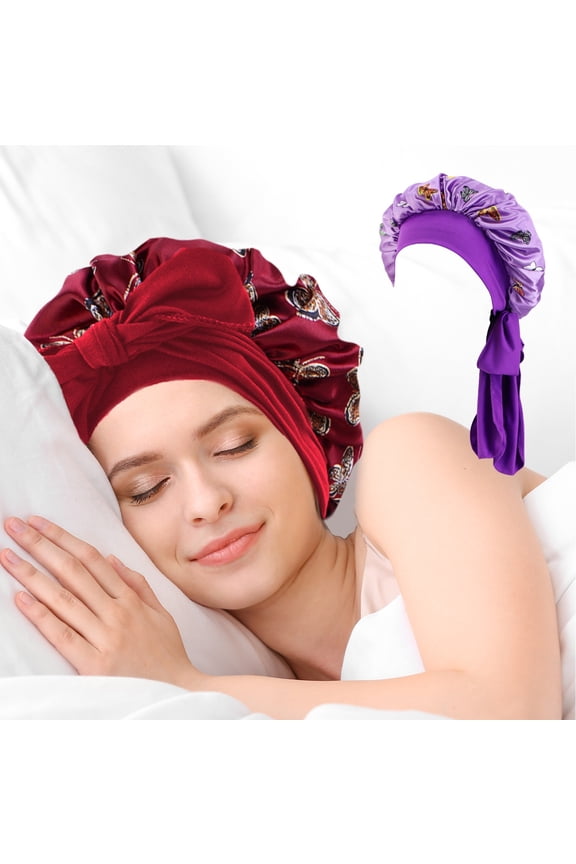 2 Pack Satin Bonnet for Women, Adjustable Sleep Bonnet with Tie Band, Cute Printed Butterfly Bonnet Night Sleep Caps Hair Sleeping Cap (Red, Purple)