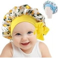 thumbnail image 1 of DODAMOUR 2 Pack Satin Silk Bonnet Hair Cap for Kids, Adjustable Sleep Bonnet with Elastic Tie, Double Layer Night Hair Hats for Teens (Yellow, Blue), 1 of 6
