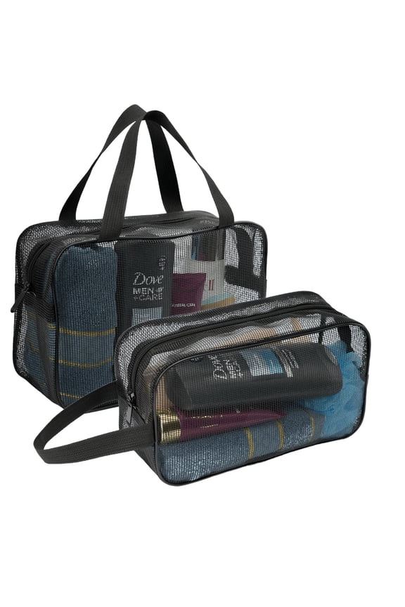 2 Pack Travel Mesh Shower Caddy Portable Bag, Shower Organizer Toiletry Storage Pouch with Quick Drying Mesh, Large Capacity Shower Tote Bag for Dorm Gym Beach (Black)