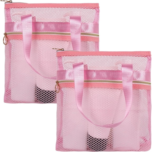 DODAMOUR 2 Packs Mesh Shower Caddy, Portable Shower Tote Bag for College Dorm, Travel Hanging Toiletry Bath Organizer with Zipper (Pink)
