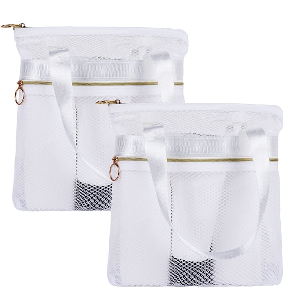 DODAMOUR 2 Packs Mesh Shower Caddy, Portable Shower Tote Bag for College Dorm, Travel Hanging Toiletry Bath Organizer with Zipper (White)