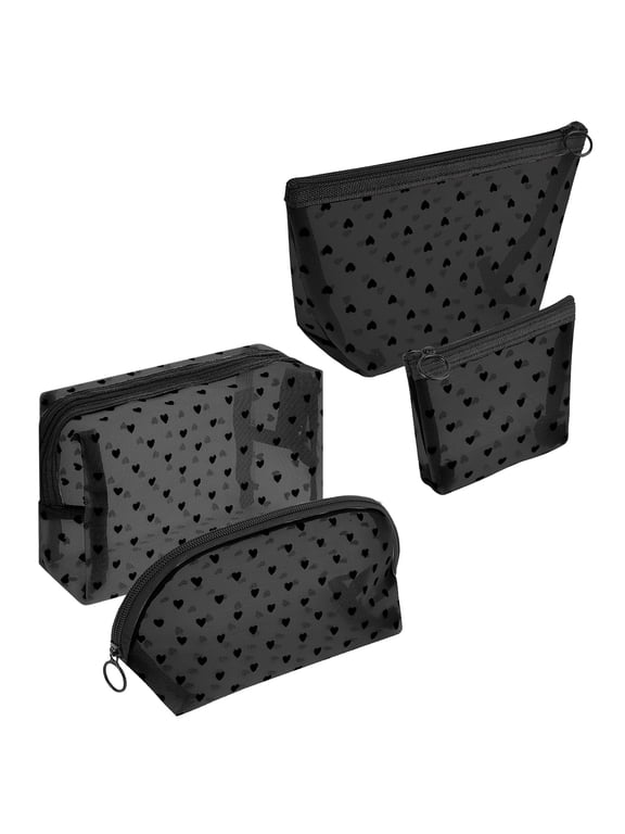 4 Pieces Mesh Cosmetic Bags, Portable Travel Mesh Makeup Bag, Heart Print Zipper Pouch Toiletry Bag for Women Girls (Black)