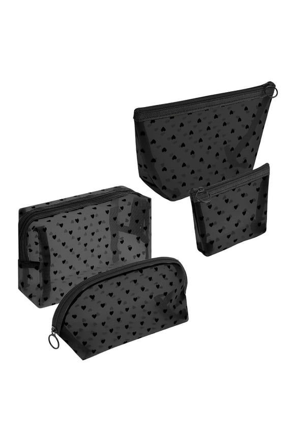 4 Pieces Mesh Cosmetic Bags, Portable Travel Mesh Makeup Bag, Heart Print Zipper Pouch Toiletry Bag for Women Girls (Black)